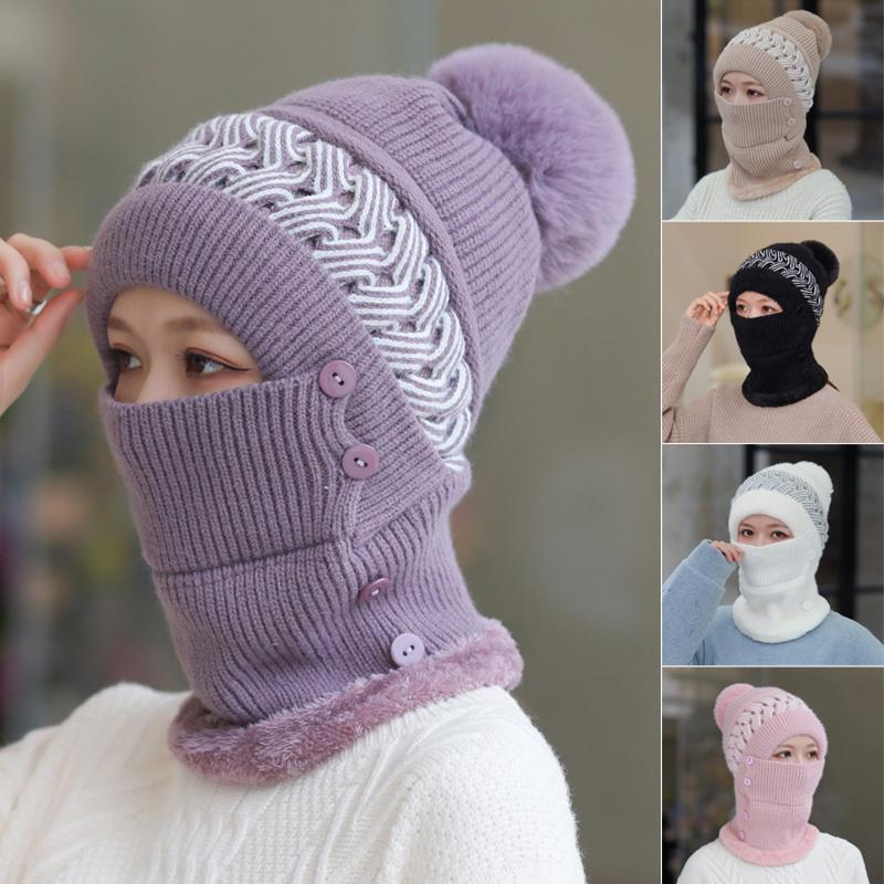 

Berets Winter Windproof Warm Scarf One-piece Hat Earmuffs Cap Knitted Beanie For Women J55, Purple