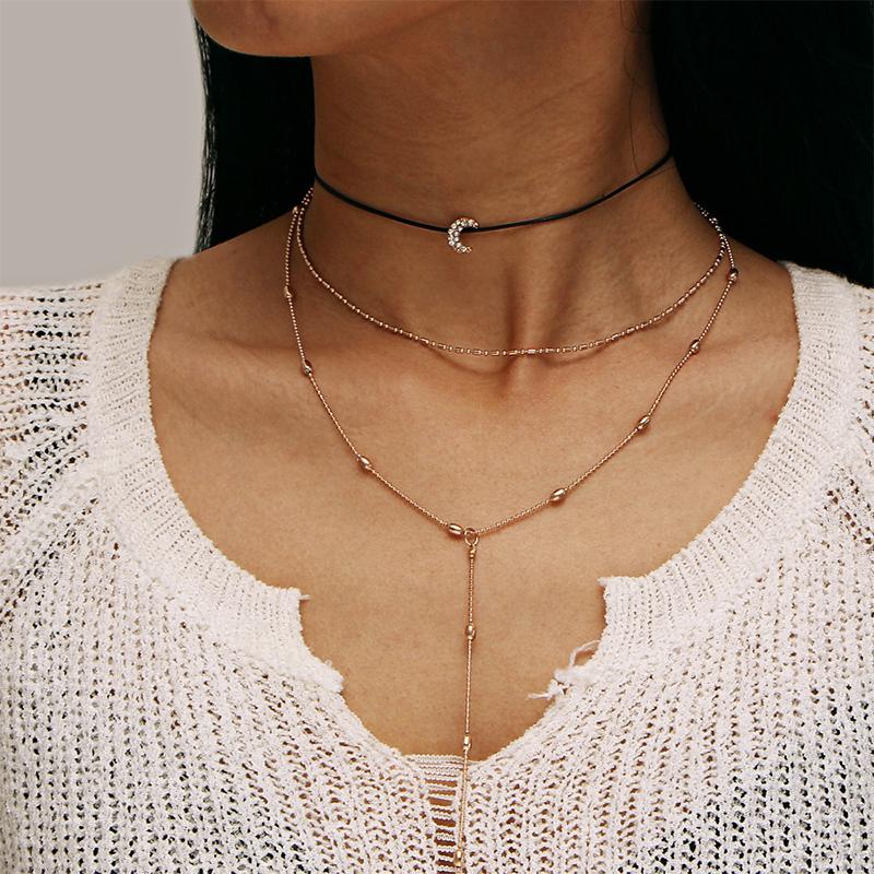 

Pendant Necklaces Crescent Multilayer Gold Long Choker Necklace For Women Personality Fashion Female Jewelry Ladies Party Gift