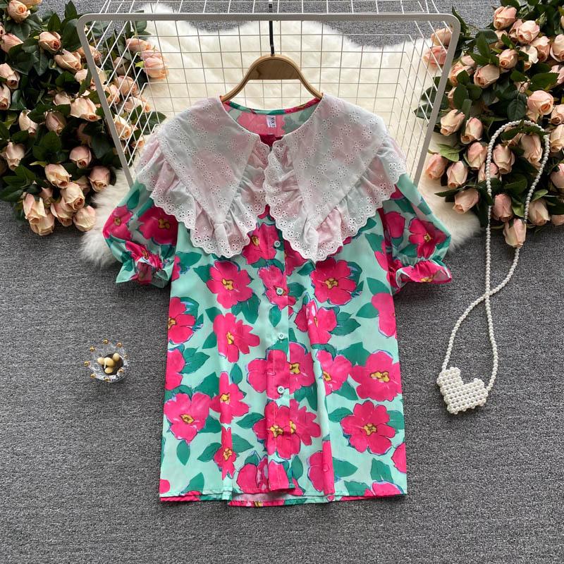 

Women's Blouses & Shirts 2021 Summer Sweet Doll Collar Contrast Stitching Printed Shirt Age-reducing Puff Sleeve Top, Green