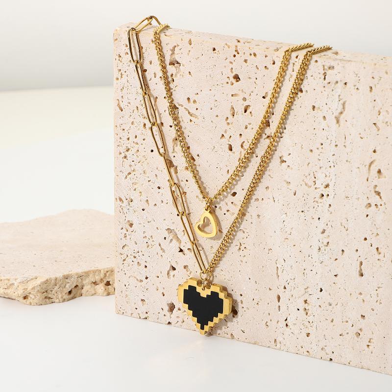 

Pendant Necklaces 18K Gold Double Layered Link Chain Stainless Steel Black Mosaic Heart Necklace For Women Trendy Jewerly, Silver