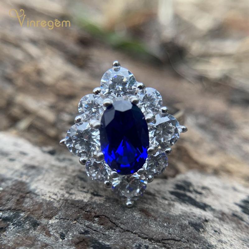 

Cluster Rings Vinregem 100% 925 Sterling Silver Oval Cut Sapphire Created Moissanite Gemstone Wedding Engagement Vintage Fine Jewelry, Golden;silver