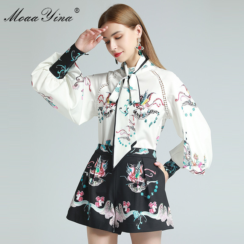 

Fashion Designer Set Spring Women's Lantern Sleeve Beaded Blouses Tops+Shorts Indie Folk Totem Print Two-piece set 210524, White