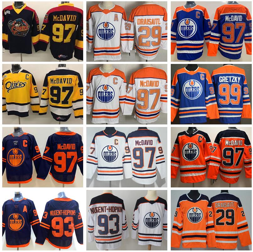 

Reverse Retro Edmonton Oilers Connor McDavid Jersey 97 College Otters Premier OHL Hockey 29 Leon Draisaitl Ryan Nugent-Hopkins Wayne Gretzky, Black;red