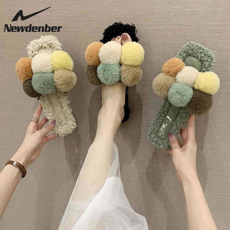 

Fur Slippers Women Colorful Plush Ball Slides Home Furry Flat Sandals Female Cute Fluffy House Shoes Woman Brand Luxury 2020 L0322, Black