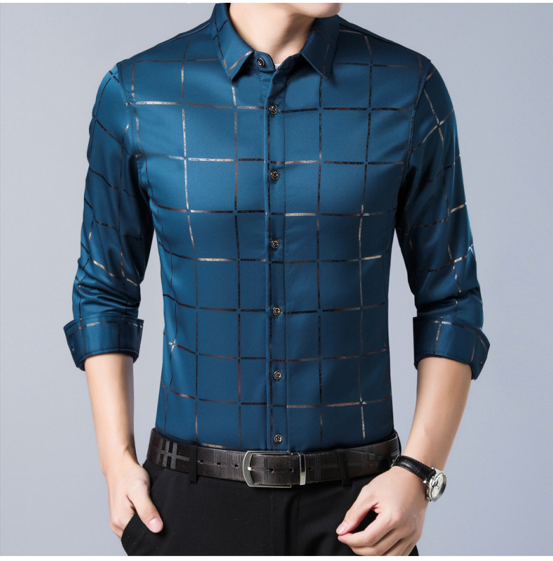 

2021 Spring and Autumn Men's Plaid Printed Shirts Casual Slim-Fit Long-Sleeved Fashion Youth Shirt, Black
