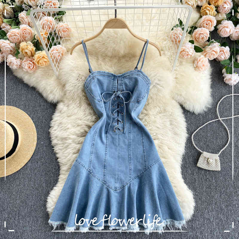 

LoveFlowerLife Summer Elegant Ladies High Waist Slim Fairy Dress Beach Dress Sexy Women Spaghetti Strap Bow Mini Denim Dress 210521, Blue