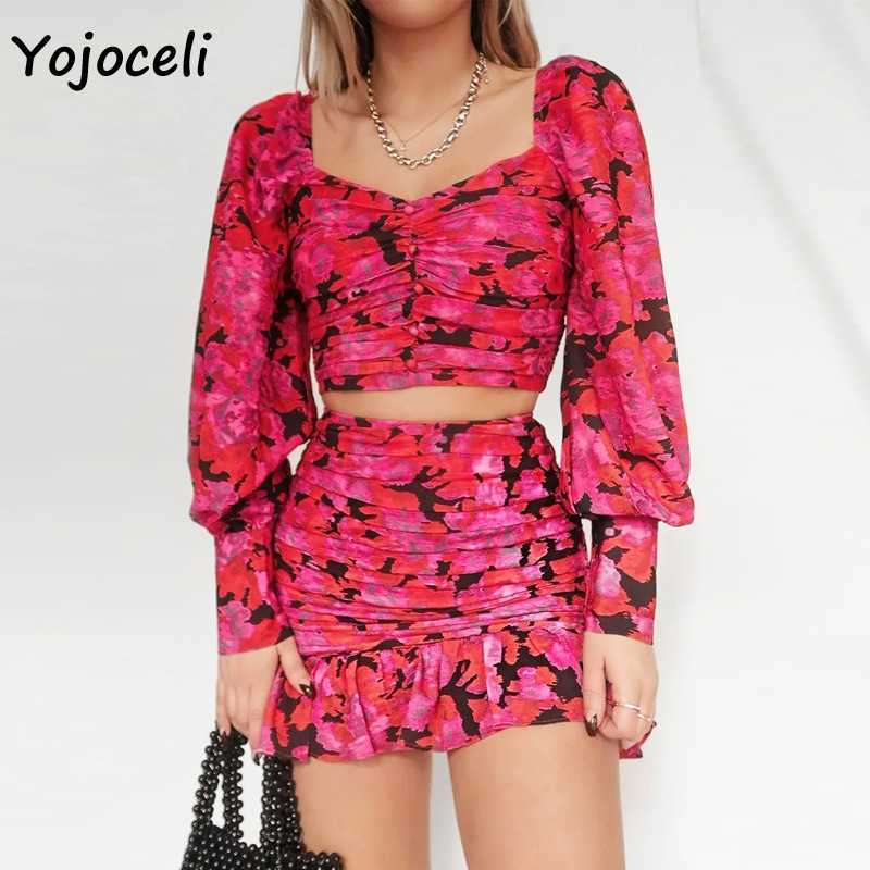 

Yojoceli puff sleeve flroal print dres square neck ruffle two pieces set party club 210609, Red