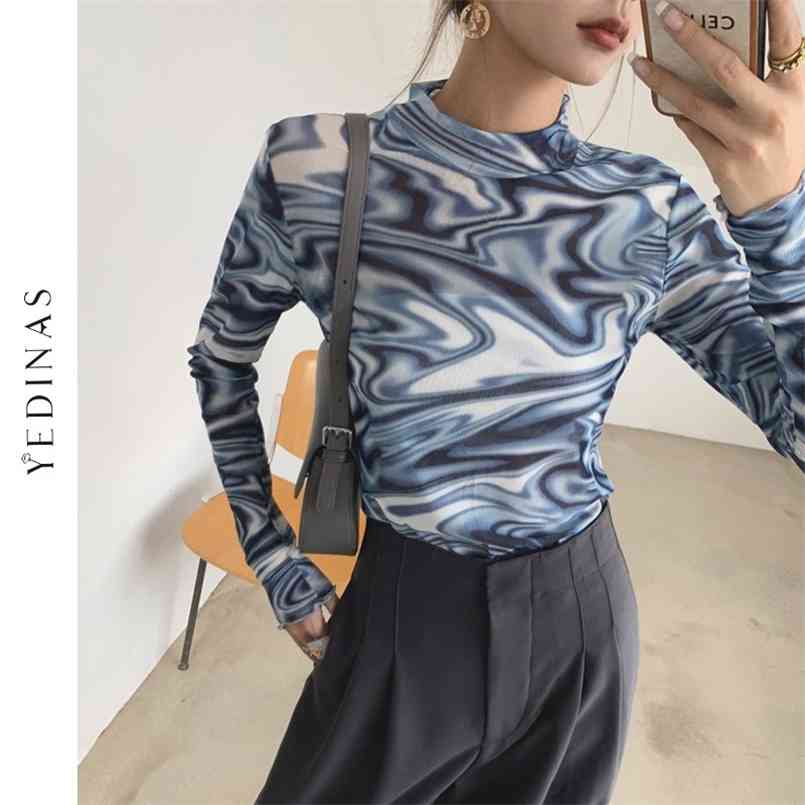 

Yedinas Tie Dye Blue Mesh Top Long Sleeve T Shirt Women Turtleneck See Through Tshirt Designer Y2k Fashion Spring Autumn 210708