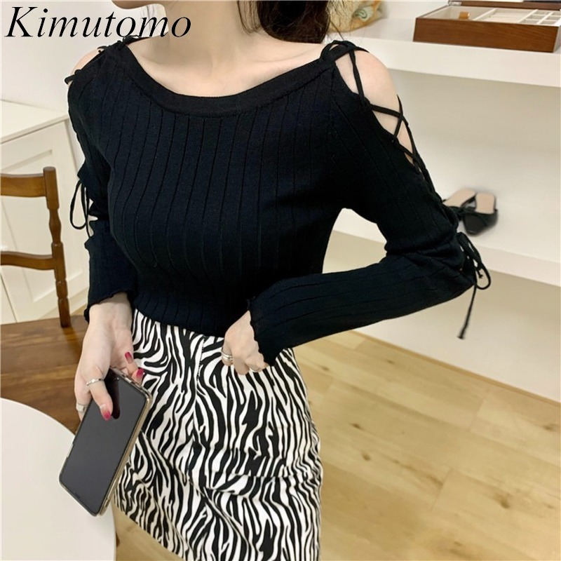 

Kimutomo Women Off Shoulder Lace Up Sweater Spring Autumn Japanese Style Chic Female O-neck Long Sleeve Knitted Tops 210521, White