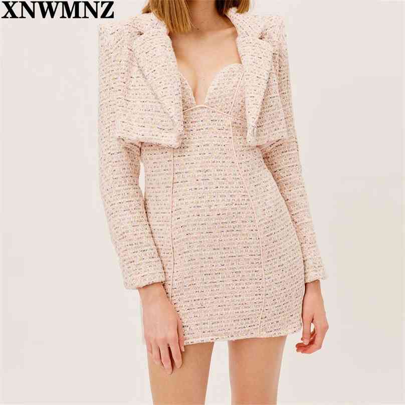 

Vintage Women Chic textured tweed cropped Jacket Fashion sexy Shoulder Pads Notched Collar Coat Female Outerwear Tops 210520, Picture color