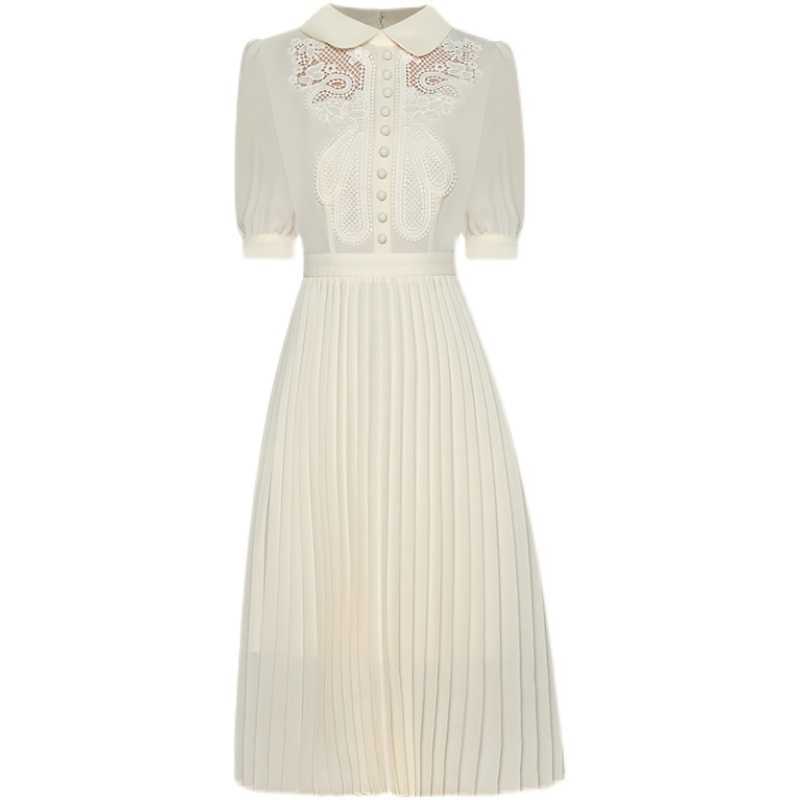 

HIGH QUALITY Fashion Runway Dresses Women' Elegant Peter Pan Collar Short Sleeve Hollow Out Embroidery Pleated Dress 210526, Pink