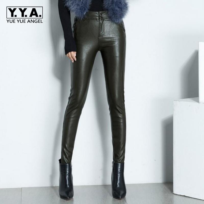 

Women's Pants & Capris Office Lady Winter Genuine Leather Skinny Fleece Lining High Waist Full Length Zipper Woman Sheepskin Pencil, Green fleece lining