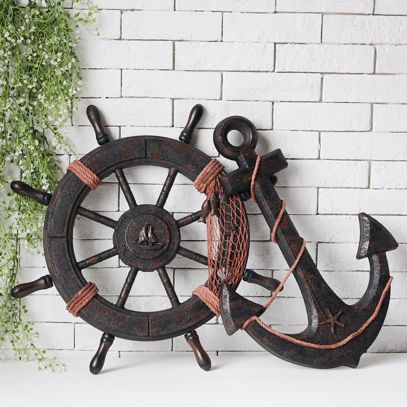 

Mediterranean Style Fashion Ship Wooden Boat Beach VINTAGE Wood Steering Wheel Nautical Fishing Net Home Wall Decor Gifts 210318