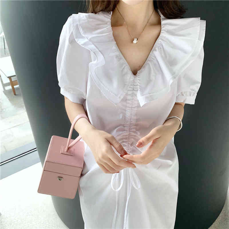 

Ruffles V-neck Drawstring Women Long Dress Summer Short Sleeve Sweet Vintage Elegant Fashion Vestidos Femme 210518, Khaki