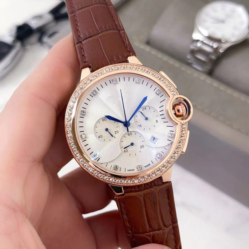 

Diamond bezel Mens Watches Sports luxury watch 42mm Chronograph Stopwatch Quartz Wristwatches Top brand Leather Strap For Men Father's Valentine's Day present gifts