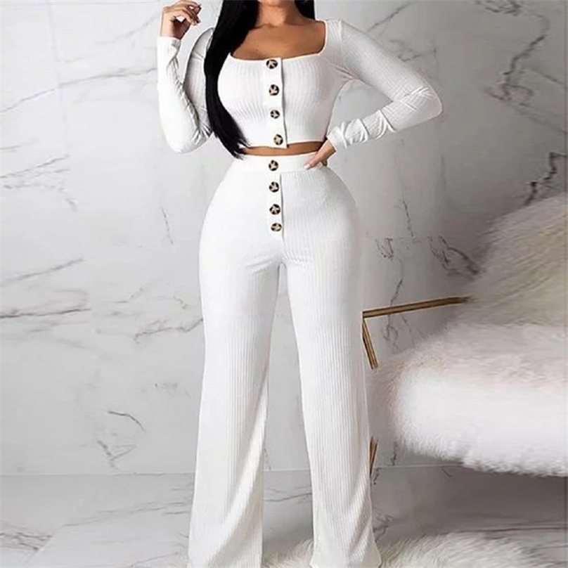 

Women Two Pieces Outfits Long Sleeve Button Crop Tops+Button High Waist Wide Leg Pant Fashion Suits Slim Female Spring Fall Sets 211106, Gray