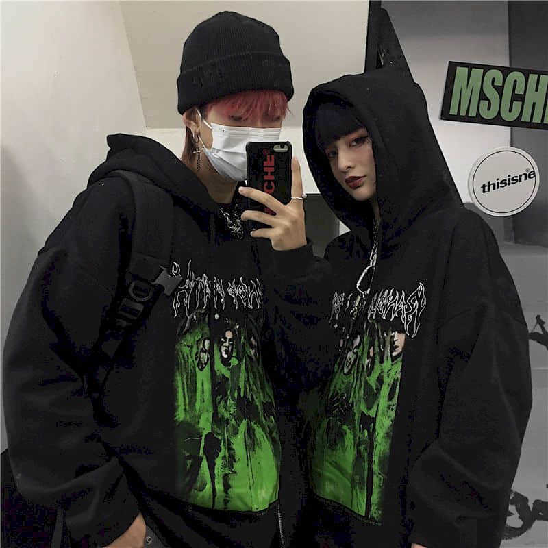 

Punk Hoodies Lovers wear winter plus size sweatshirt men women Korean loose velvet dark student Harajuku bf hip hop top 210526, Green