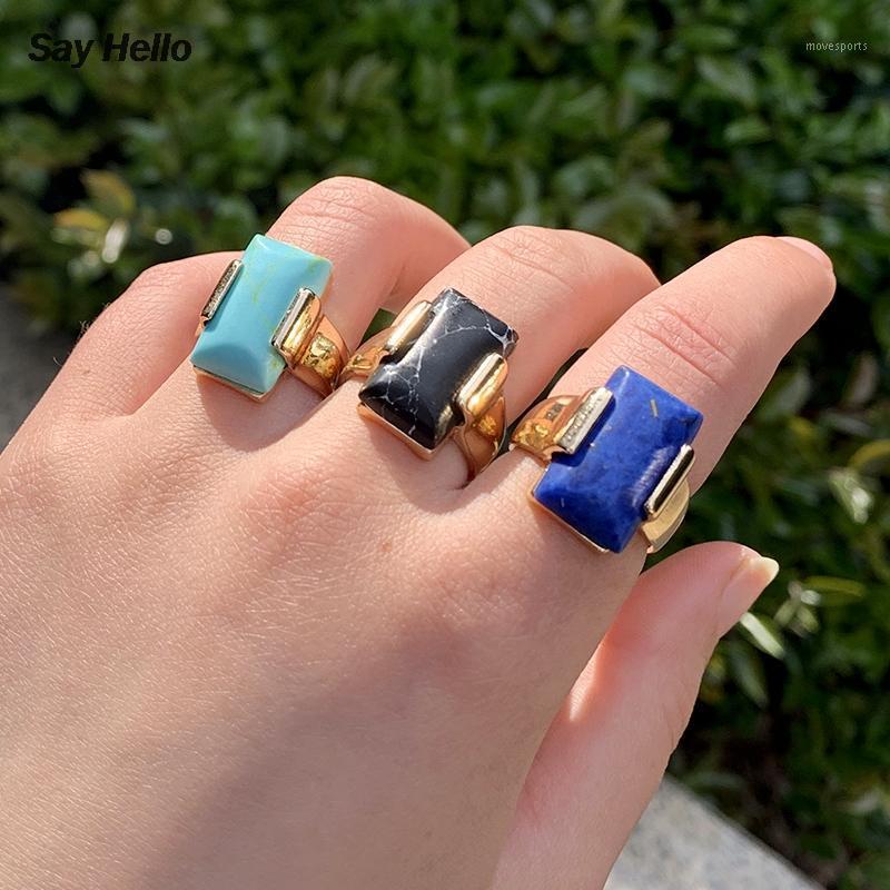 

Cluster Rings SAY HELLO Natural Stone Turquoises Inlay Alloy Geometric Rectangle Women's Punk Style Fixed Size Couple Jewelry US 7 K10831