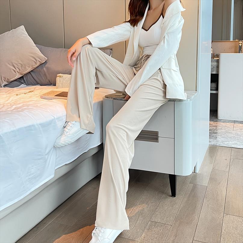 

summer fashion ice silk womens pants wide leg loose long straight trousers elastic high waist femme drawstring, Black;white