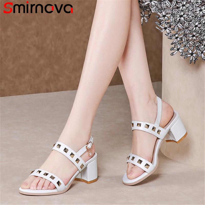 

Sandals Smirnova 2021 Arrive Genuine Leather Shoes Women Solid Colors Rivet Summer Square Heels Casual Ladies, Black