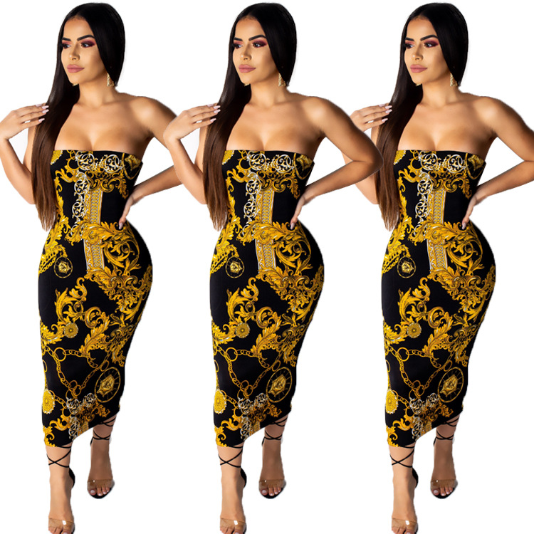 

Women Sexy Fashion Gold Chain Print Dresses Sleeveless Bodycon Word Collar Backless Dress Vestidos De Verano, Black