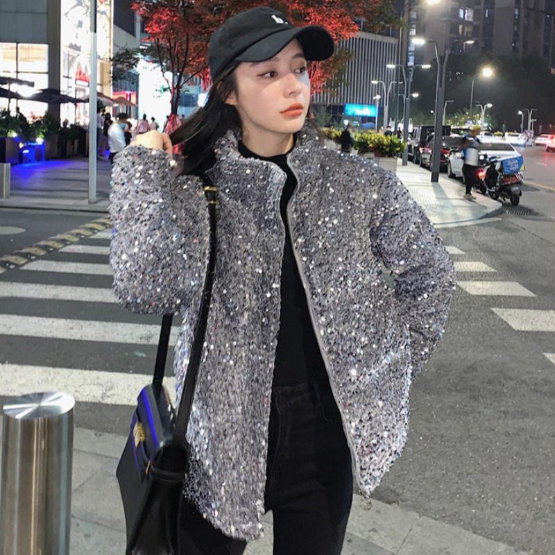 

Women's Jackets Streetwear Sequined Jacket Women Down Padded Short Parkas 2021 Autumn And Winter Cotton Puffer Coat Mujer Chaqueta M1128, Black