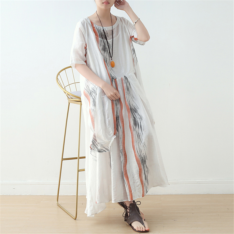 

Johnature Women Vintage High Quality Dress Print Floral Summer Half Sleeve Loose Robes Casual Women Cloths Dresses 210521, Khaki