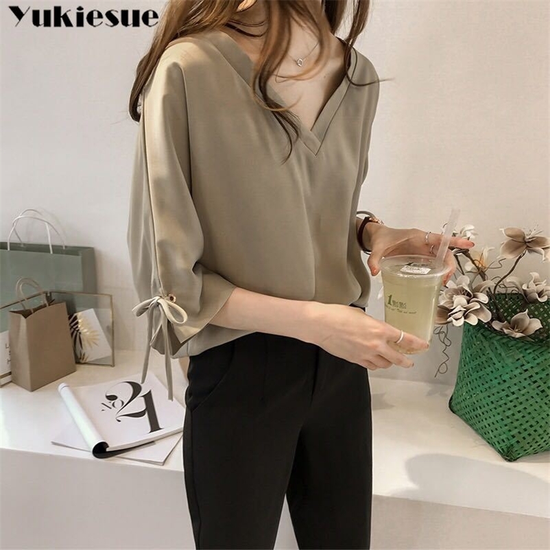 

v neck women chiffon blouse shirt half sleeve shirts fashion s tops and blouses summer plus size blusas 210518, White