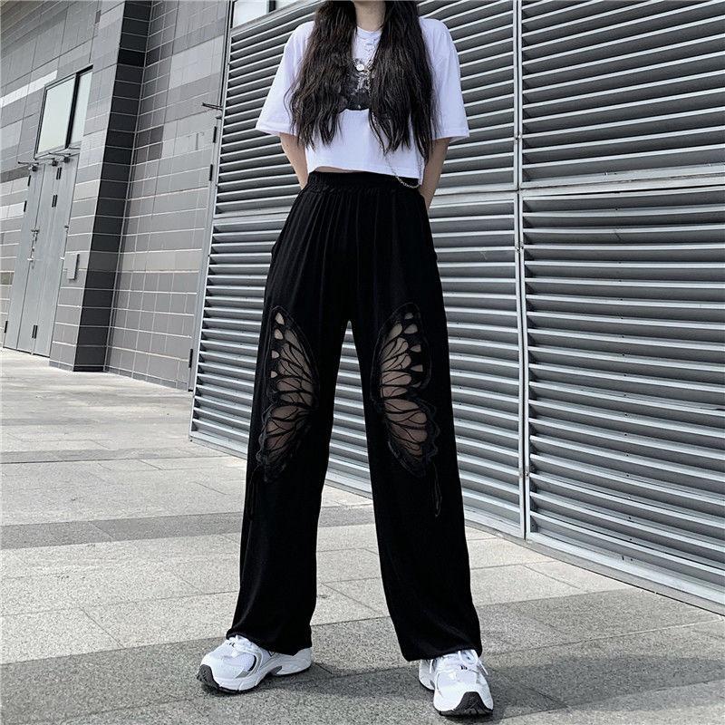 

Women's Pants & Capris Wide Leg Women Harajuku Y2k High Waist Trendy BF Style Teens Oversized Trousers Butterfly Cutout Casual Womens Street, Black;white