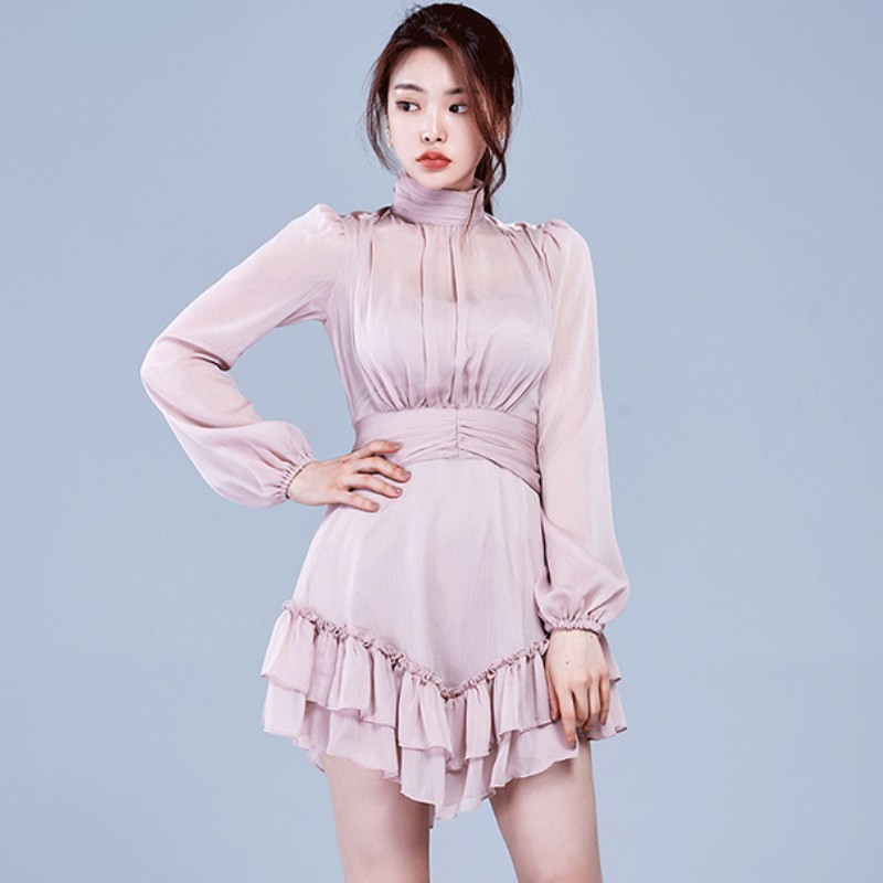 

Korea Fashion Chiffon Stand Collar Women Elegant Party Dress Spring Office OL Long Sleeve Ruched Ruffles Mini Dress 210518, Photo color