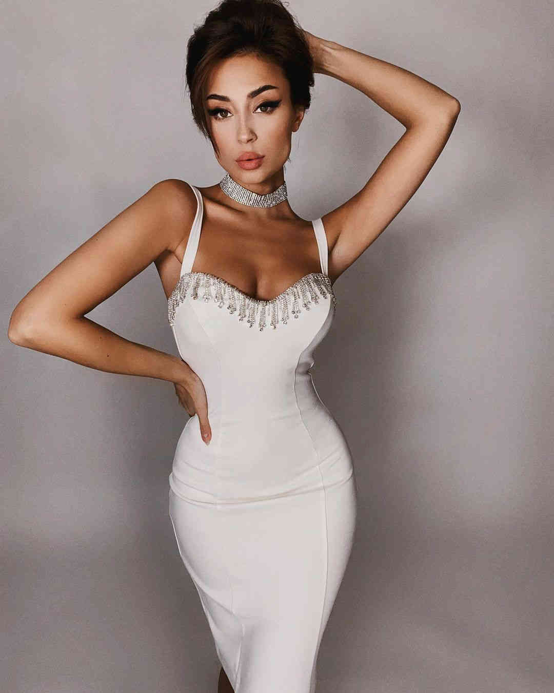 

Casual Dresses Celebrity Bandage White Black Sexy Crystal Diamonds Tassel Designer Fashion Cocktail Party 7WDF