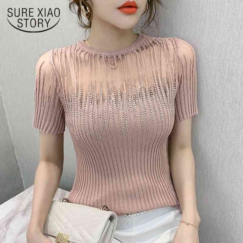 

Summer Sexy Diamonds Transparent Women Tops Korean Clothes Knitted Shirt Short Sleeve Elastic Blouse Ropa Mujer Shirt 10059 210527, White