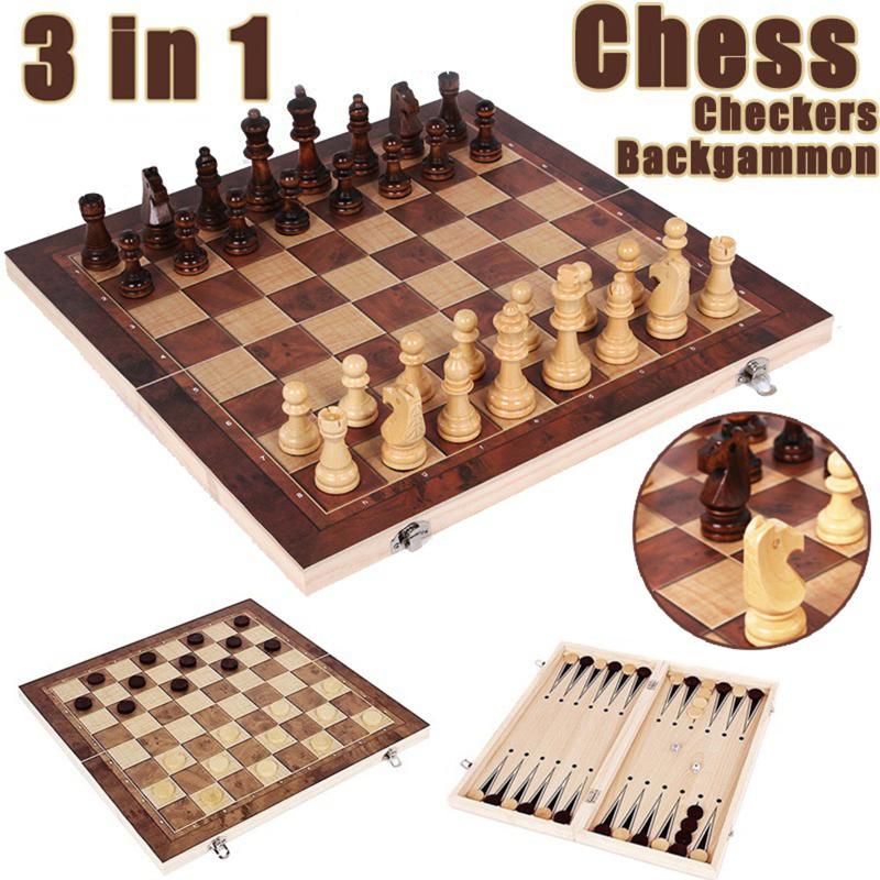 

Party Favor 3 In 1 Wooden International Folding Chess Set Board Game Educational Toys Portable Backgammon Checkers 29*29cm