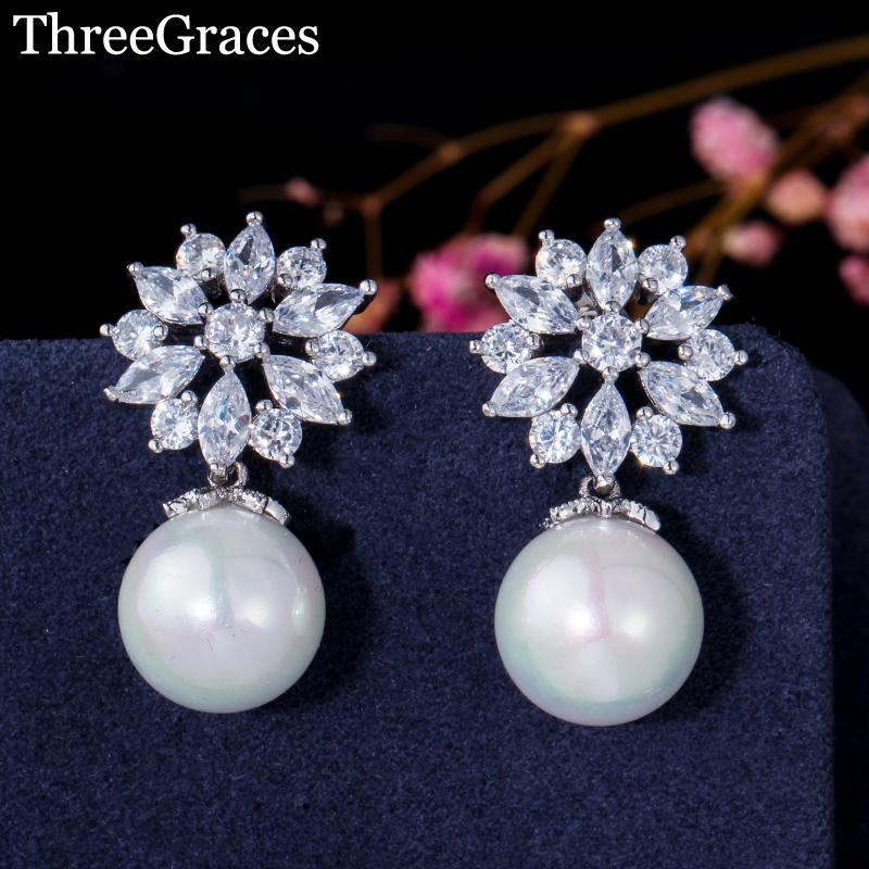 

Dangle & Chandelier ThreeGraces Fashion White Gold Color Cubic Zirconia Crystal Blooming Flower Drop Earrings With Pearl Jewelry For Women E, Silver