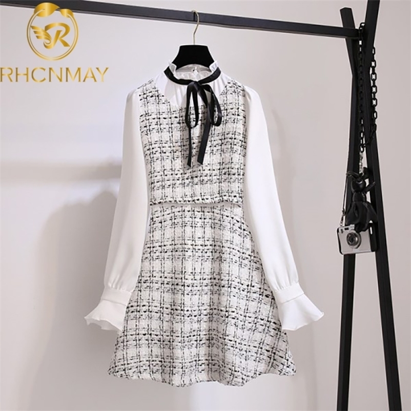 

Spring Vintage Tweed Dress Sweet Bow Tie up Flare Sleeve Patchwork Fake two pieces Plaid Vestidos 210520, White