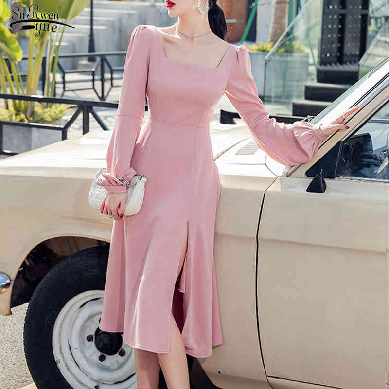 

French Style Lantern Sleeve Midi Dress Women' Summer Elegant Fashion Square Collar Casual es Vestidos Robe 13276 210521, Blue