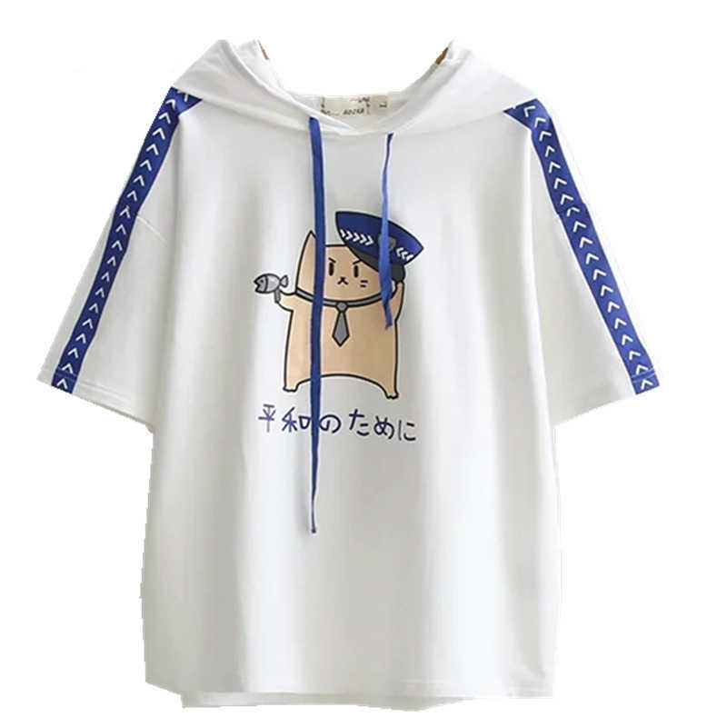

MERRY PRETTY Casual Women Hooded Sweatshirts Summer Harajuku Hoodies Loose Short Sleeve Pullovers Tracksuits Female Sudader 210526, Black
