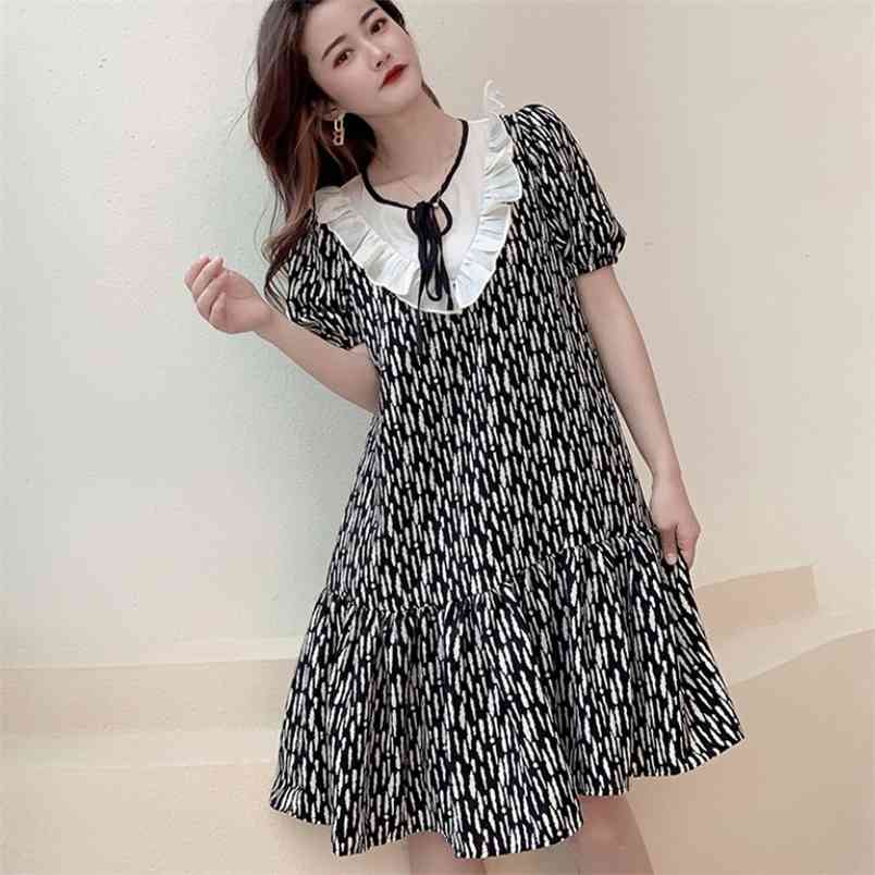 

French Retro Style Floral Chiffon Dresses Summer Elegant Ruffles Puff Sleeve Casual Vacation Party Dress Robe 210519, Black