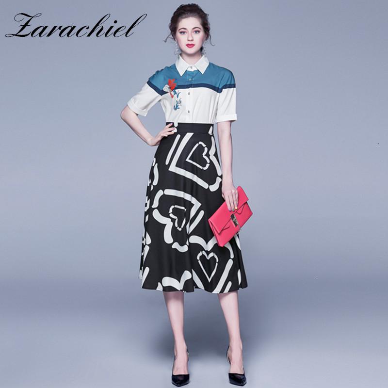 

Two Piece Dress Autumn Holidays Elegant Women's 2PCS Clothing Set Flower Print Short Sleeve Blouse Tops + Vintage Heart Pattern Long Skirts, Picturecolor