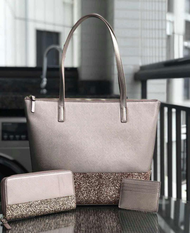 

brand designer larger glitter purse set card holder wallet total bags Patchwork shining shoulder crossbody shopping bags pu female handbag 5 color, Black (small purse/3pcs set)