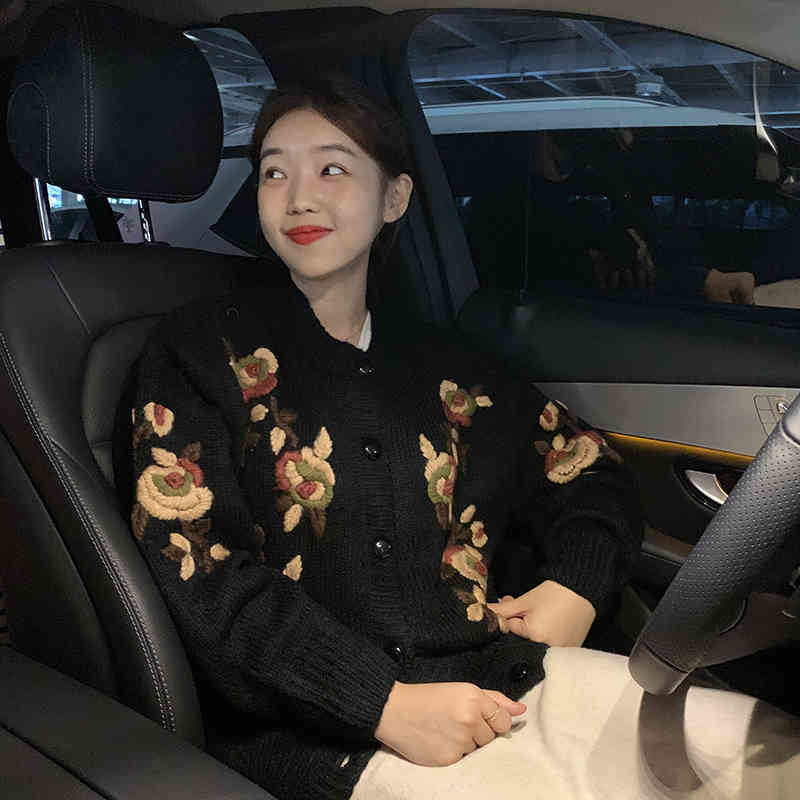 

women's sweaters embroidered flower of cardigan mesh korean woman long sleeve thick female cardigans women's hearts solid the-, White;black