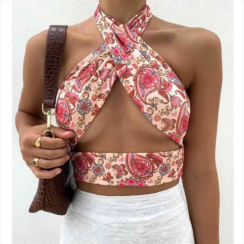 

floral print vintage women cami summer cross bandage crop slim fit club eleagnt tank female, White