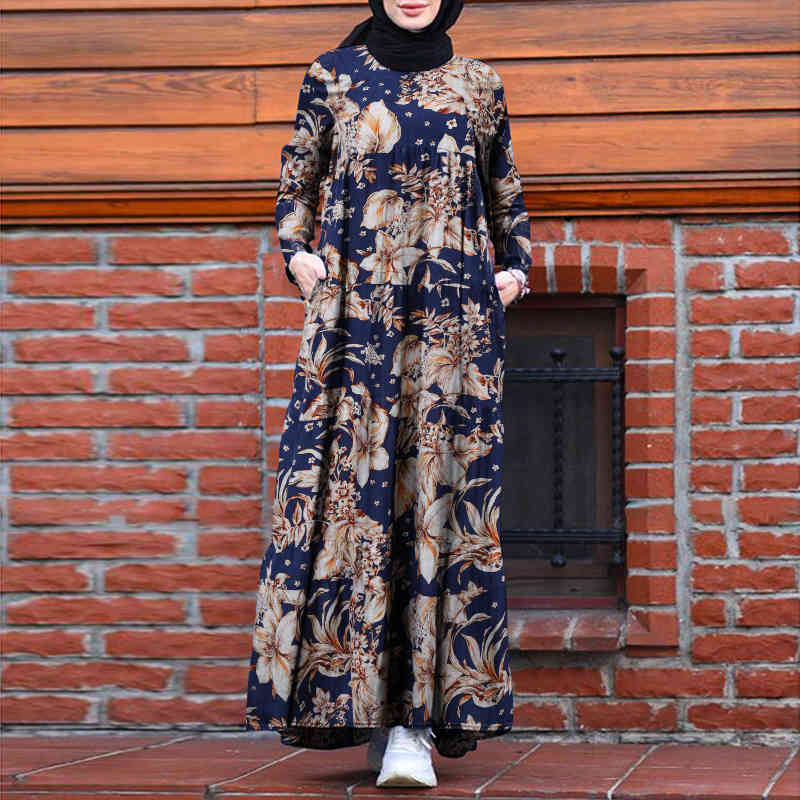 

ZANZEA Retro Dubai Abaya Turkey Hijab Dress Women Vintage Floral Printed Maxi Sundress Summer Long Sleeve Kaftan Muslim Vestido X0521, Black