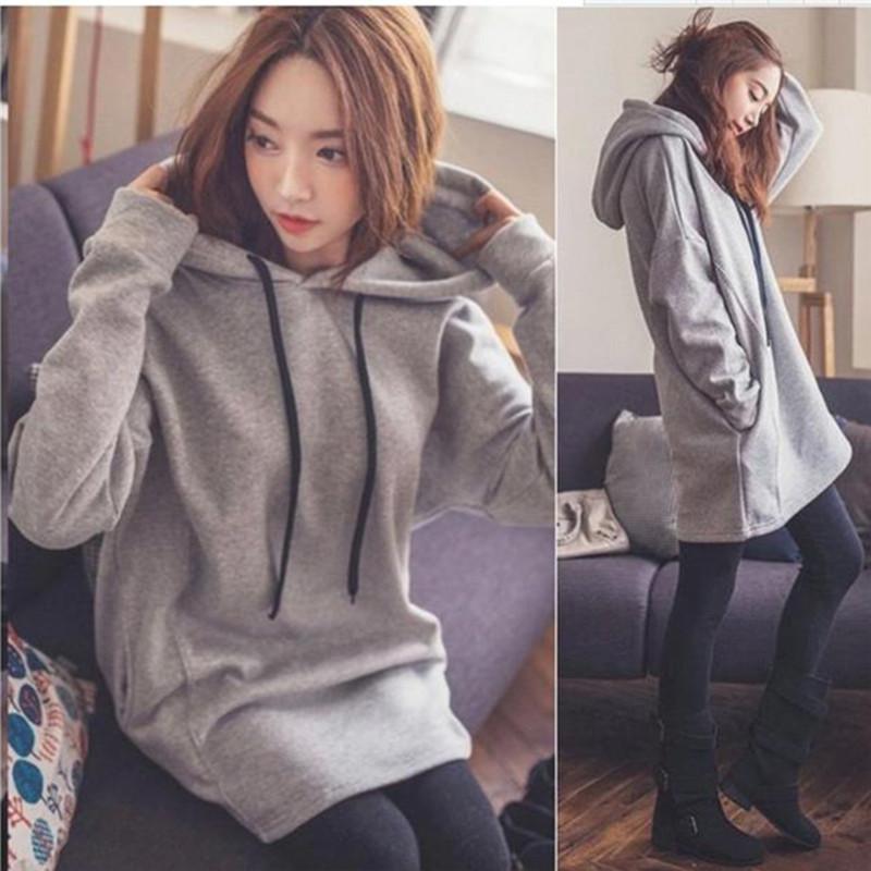

Women' Hoodies & Sweatshirts 2021 Winter Arrival Gray Hooded Plus Velvet Sweatshirt Loose Mid-length Thick Size