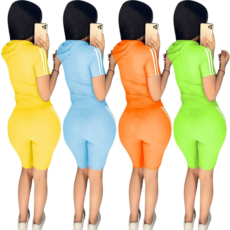 

Summer Candy Colors Women Outfits Short Sleeves Hooded T Shirt Sports Casual Shorts Suits Arrivals Female Tracksuits Home Wear, Yellow