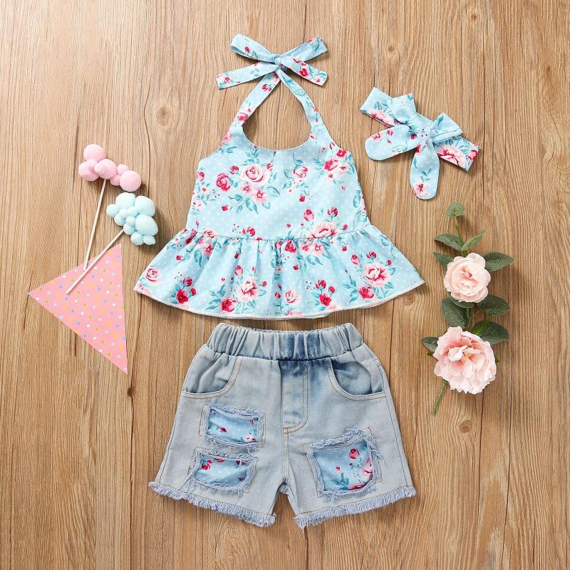 

Clothing Sets 3PC Toddler Kids Baby Girls Floral Tops+ Ripped Jeans Short Pants +Hairband Outfits Clothes, White