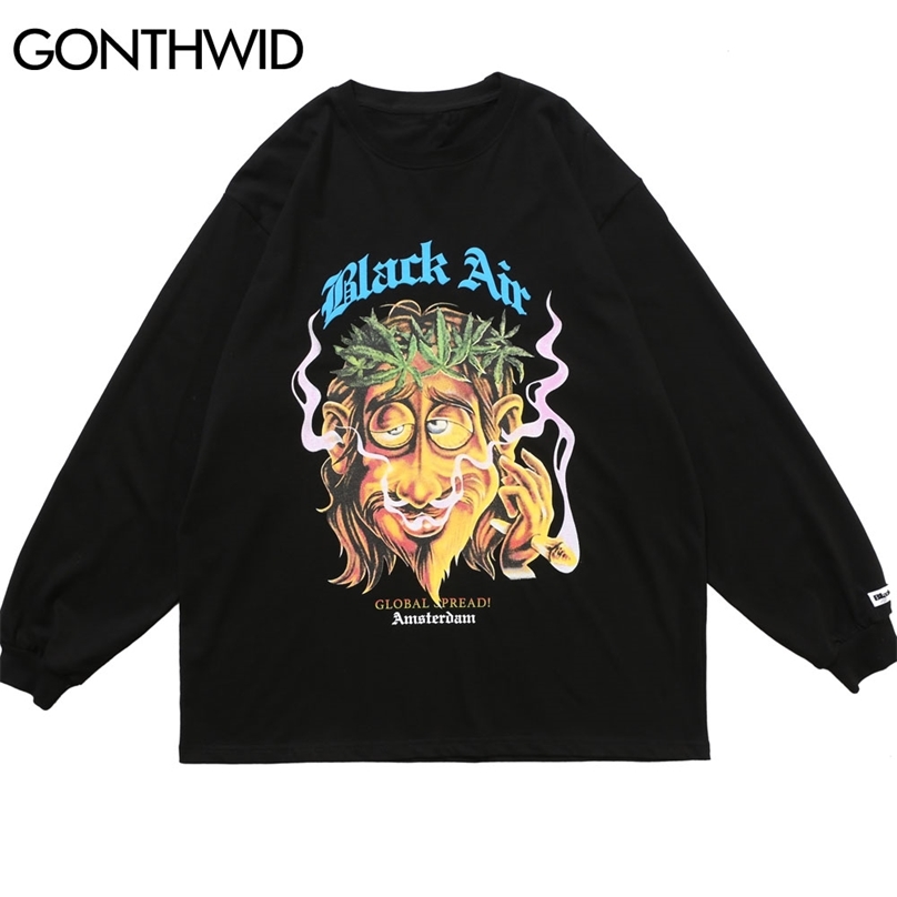 

Creative Print Casual Loose Long Sleveve Tshirts Streetwear Harajuku Hip Hop Fashion Tees Shirts Tops Mens Outwear 210602, Black