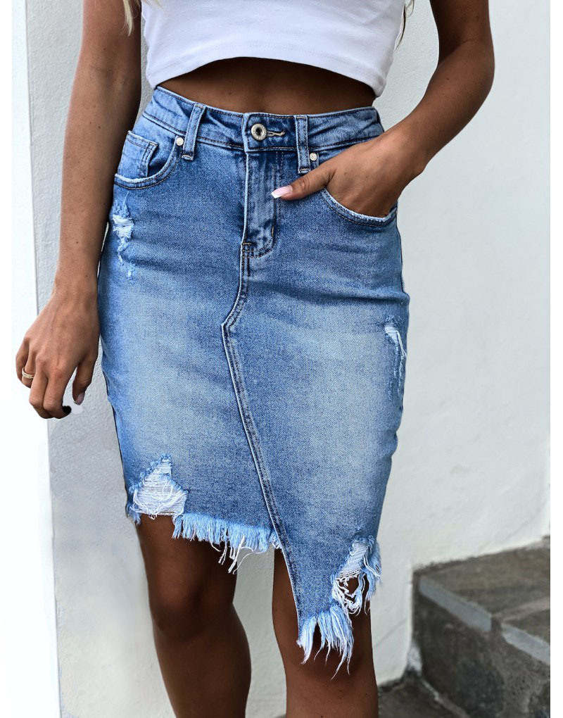 Woman Irregular Denim Skirt Bodycon Tassel Pocket Mini Jean Skirts Dress-image-411276066