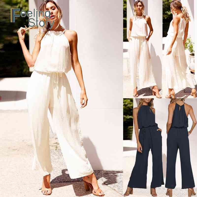 

Sleeveless Backless Wide Leg Solid Jumpsuit Sexy Womens  Long Pants Casual Loose Pocket Basic Ladies Rompers 210603, White
