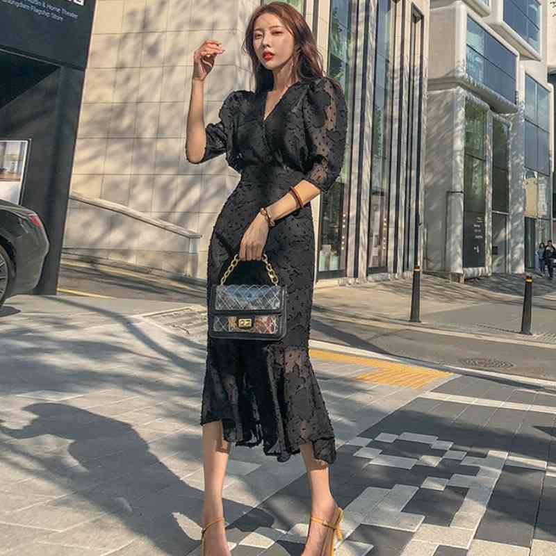 

Summer Clothing Style Korean-Style Elegant V-Neck Mock High-Waisted Slim Fit Half-Sleeve Trumpet Mermaid Dress 210520, Photo color